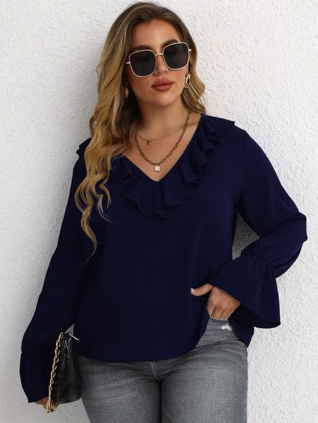 plus ruffle trim flounce sleeve blouse 510g#, Black
plus ruffle trim flounce sleeve blouse 510g#, Black