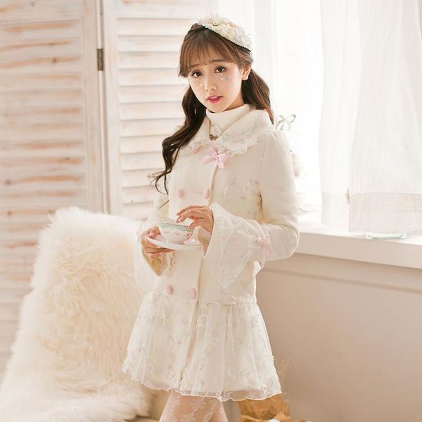 women's wool & blends princess sweet white coat candy rain bow decoration embroidery double breasted lapel applique japanese design c16, Black 
women's wool & blends princess sweet white coat candy rain bow decoration embroidery double breasted lapel applique japanese design c16, Black