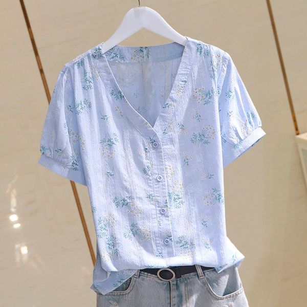 women's blouses & shirts 100% cotton women summer v-neck floral short-sleeved slim all match female outwear, White
women's blouses & shirts 100% cotton women summer v-neck floral short-sleeved slim all match female outwear, White