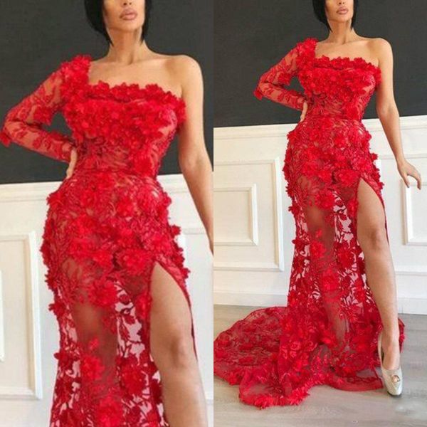 red 3d floral flowers lace mermaid evening gowns one shoulder long sleeve illusion side split prom dresses sweep train party dress, Black;red
red 3d floral flowers lace mermaid evening gowns one shoulder long sleeve illusion side split prom dresses sweep train party dress, Black;red
