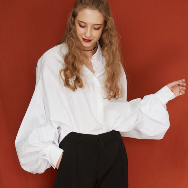 a + bountique large lantern sleeve two wear high density cotton impervious medium length loose shirt collar blouse, White
a + bountique large lantern sleeve two wear high density cotton impervious medium length loose shirt collar blouse, White