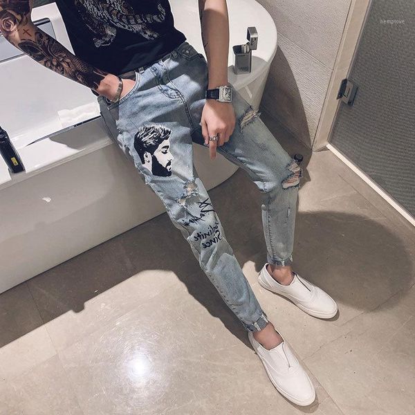 fashion 2020 fashion teenagers street denim jeans male korean trend social people type small feet spirit guy printed harem pants1, Blue 
fashion 2020 fashion teenagers street denim jeans male korean trend social people type small feet spirit guy printed harem pants1, Blue