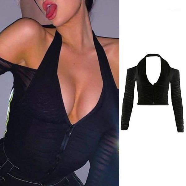 crop women halter zipper v-neck crop mesh long sleeve off shoulder shirts1, White