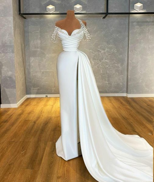 2022 off the shoulder pearls beading prom dresses ruched high side split satin white illusion formal evening party mermaid gowns elegant ves, Black
2022 off the shoulder pearls beading prom dresses ruched high side split satin white illusion formal evening party mermaid gowns elegant ves, Black