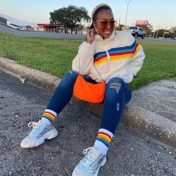 women berber fleece coat jackets rainbow striped lamb fleeced zipper jacket coats sherpa sweater blouse thicken warm for ladies e122903, White
women berber fleece coat jackets rainbow striped lamb fleeced zipper jacket coats sherpa sweater blouse thicken warm for ladies e122903, White