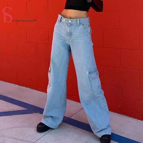 double stawberry autumn new style high waist casual features multi-pocket loose and thin wild straight-leg jeans trousers, Blue
double stawberry autumn new style high waist casual features multi-pocket loose and thin wild straight-leg jeans trousers, Blue