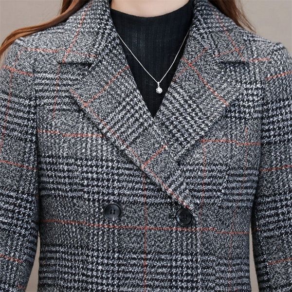 

winter women wool blends casual jacket plaid trench coat elegant slim thick outerwear cardigan female cashmere overcoat new lj201201, Black