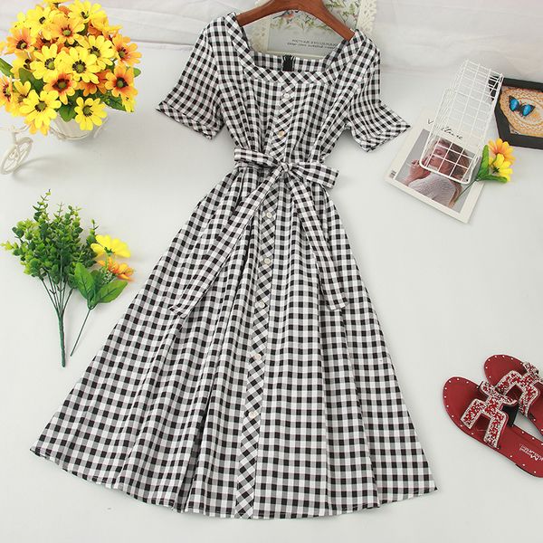 new summer midi plaid strips dressed casual turtleneck medium long square waist line short sleeve female dress yv3q, Black;gray
new summer midi plaid strips dressed casual turtleneck medium long square waist line short sleeve female dress yv3q, Black;gray