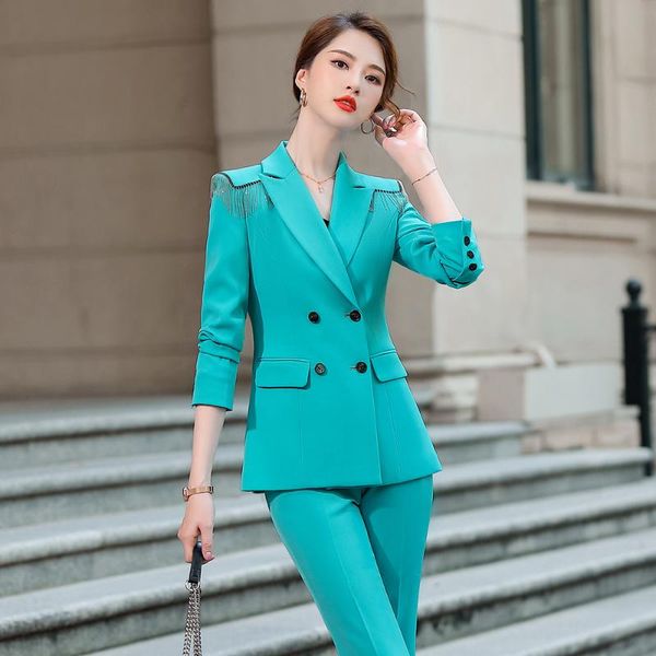 2021 new arrival women double breasted formal ladies pant suit blue white black fashion s-5xl 2 piece set with beaded tassel
2021 new arrival women double breasted formal ladies pant suit blue white black fashion s-5xl 2 piece set with beaded tassel