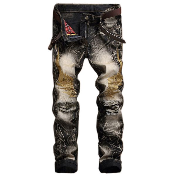 new ripped mens male denim embroidery trousers casual ny straight elasticity pants biker men jeans, Black
new ripped mens male denim embroidery trousers casual ny straight elasticity pants biker men jeans, Black