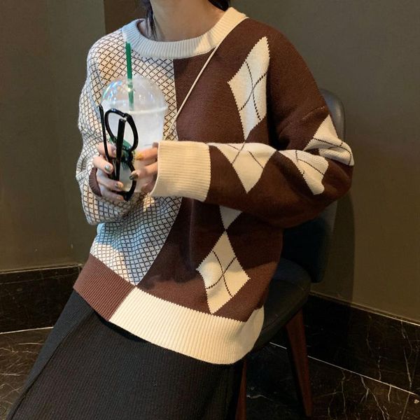 women's sweaters alien kitty women pullover turtleneck argyle patchwork loose knitted female thick elegant office lady all match, White;black
women's sweaters alien kitty women pullover turtleneck argyle patchwork loose knitted female thick elegant office lady all match, White;black