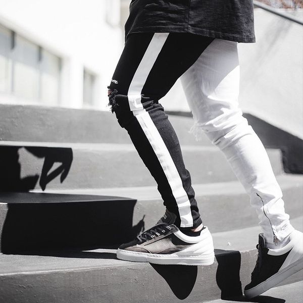 men's fashion trend ragged pants hip-hop sweatpants slim was straight legs color matching denim trousers thin jeans, Blue
men's fashion trend ragged pants hip-hop sweatpants slim was straight legs color matching denim trousers thin jeans, Blue