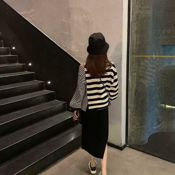 f2wdv online celebrity striped sweater stitching autumn and spring clothing coat loose sweater 2020 new women's fashion korean style lo, Black
f2wdv online celebrity striped sweater stitching autumn and spring clothing coat loose sweater 2020 new women's fashion korean style lo, Black