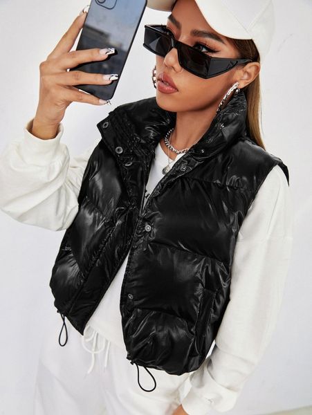 drawstring hem sleeveless pu leather puffer coat s2ny#, Black