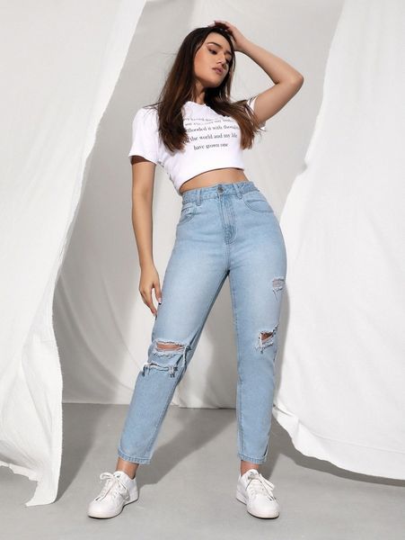 high waist ripped mom jeans r8aq#, Blue
high waist ripped mom jeans r8aq#, Blue