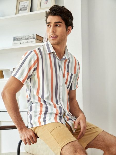 men striped pocket front shirt 505j#, White;black 
men striped pocket front shirt 505j#, White;black