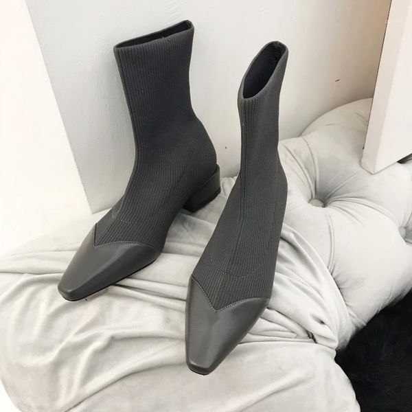 boots knitted elasticity sos tube thin pointed toe chunky heel short single lady shoes -401, Black
