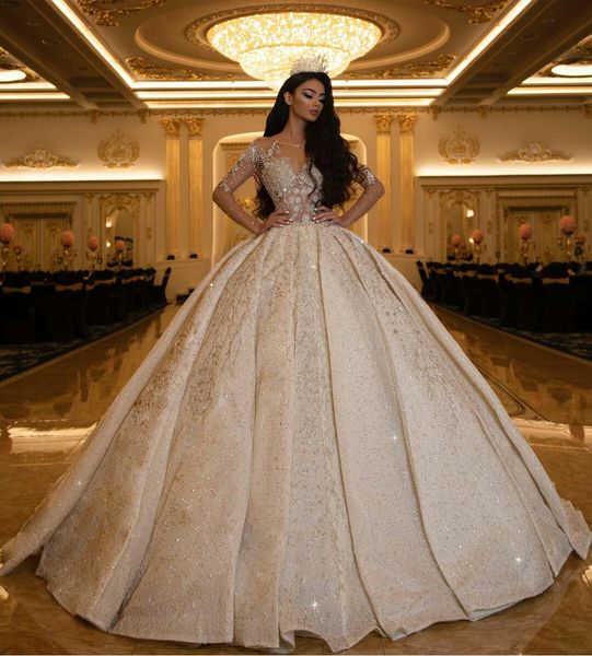 luxury glitter ball gown wedding dresses sheer jewel neck long sleeve puffy sweep train bridal gowns plus size robe de mariée, White
luxury glitter ball gown wedding dresses sheer jewel neck long sleeve puffy sweep train bridal gowns plus size robe de mariée, White