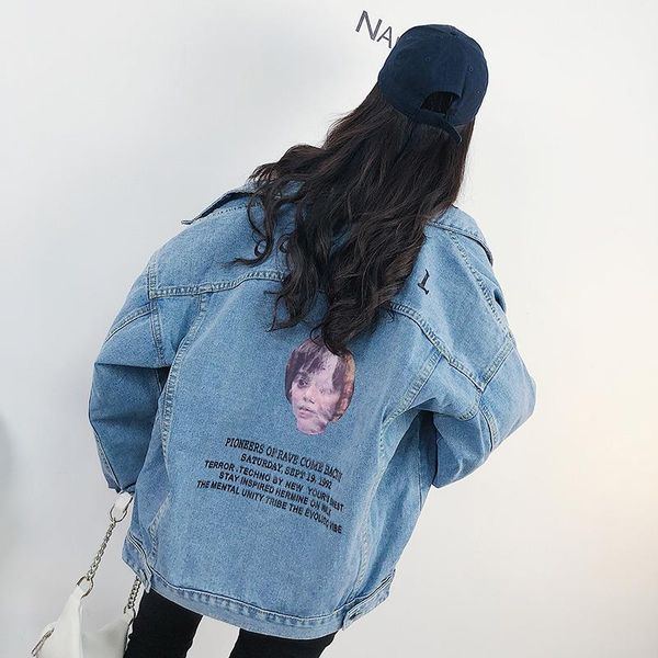 women spring turn down collar denim coat ladies vintage long sleeve jackets harajuku letter print plus size loose outerwear z2351, Black;brown
women spring turn down collar denim coat ladies vintage long sleeve jackets harajuku letter print plus size loose outerwear z2351, Black;brown