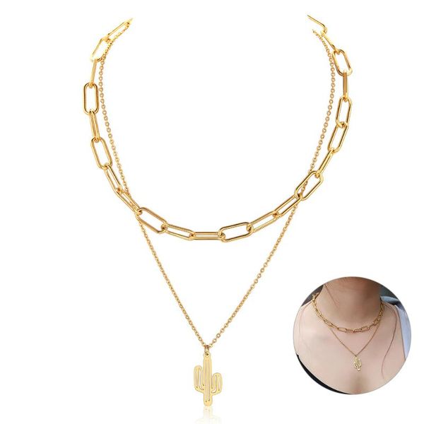 fashion women girls double layered choker necklace gold color stainless steel rectangle rolo link chain cactus pendant dn204, Silver
fashion women girls double layered choker necklace gold color stainless steel rectangle rolo link chain cactus pendant dn204, Silver