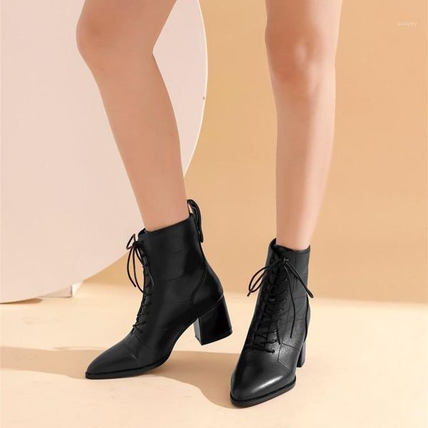 women's thick heel short boots pointed european and american wine red fashion temperament lace up high-heeled fashion boo1, Black
women's thick heel short boots pointed european and american wine red fashion temperament lace up high-heeled fashion boo1, Black