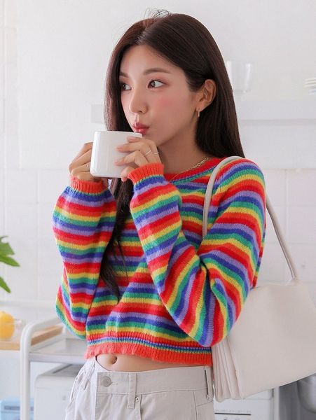 dazy rainbow striped pattern raglan sleeve sweater n7ht#, White
dazy rainbow striped pattern raglan sleeve sweater n7ht#, White