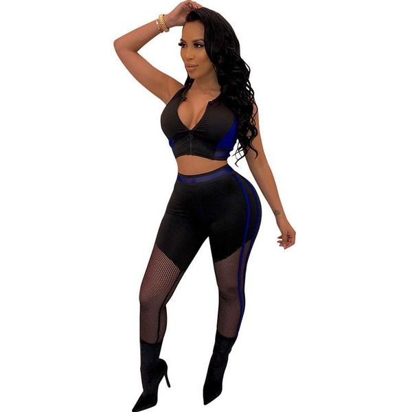 striped mesh patchwork two piece set sport suit women sleeveless zipper tank crop and pencil pants casual femme tracksuit, Gray 
striped mesh patchwork two piece set sport suit women sleeveless zipper tank crop and pencil pants casual femme tracksuit, Gray