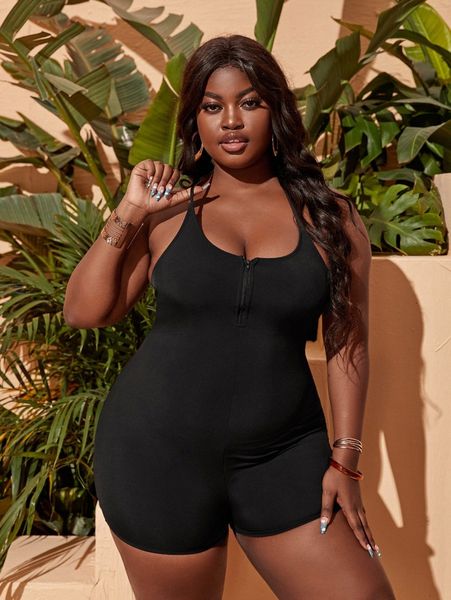 plus plain zip front one piece swimsuit z8r4#, Black 
plus plain zip front one piece swimsuit z8r4#, Black