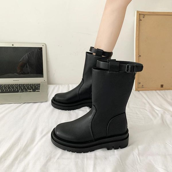 boots round toe women 2021 zipper luxury designer winter footwear female shoes flat heel platform lolita mid calf1, Black