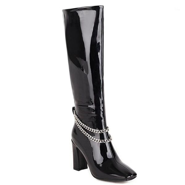 boots oversized metal chain super high heel patent leather knee-length square toe thick shiny burgundy warm boots1, Black
boots oversized metal chain super high heel patent leather knee-length square toe thick shiny burgundy warm boots1, Black