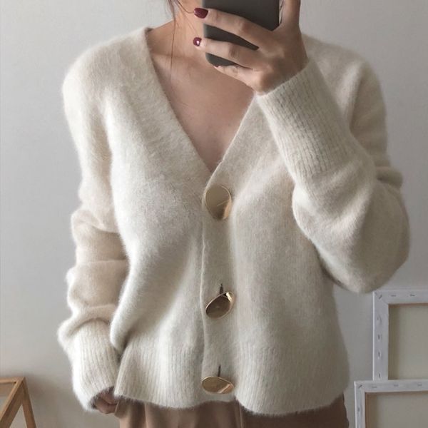 women short wool cardigan cashmere crop sweater solid winter ladies v neck jacket female loose casual thick clothes korean y200915, White;black
women short wool cardigan cashmere crop sweater solid winter ladies v neck jacket female loose casual thick clothes korean y200915, White;black