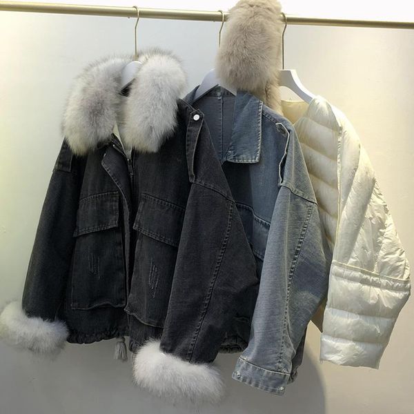 women's down & parkas winter warm denim jacket natural fur 2021 female feather liner thickend 90% white duck coat snow outwear, Black
women's down & parkas winter warm denim jacket natural fur 2021 female feather liner thickend 90% white duck coat snow outwear, Black