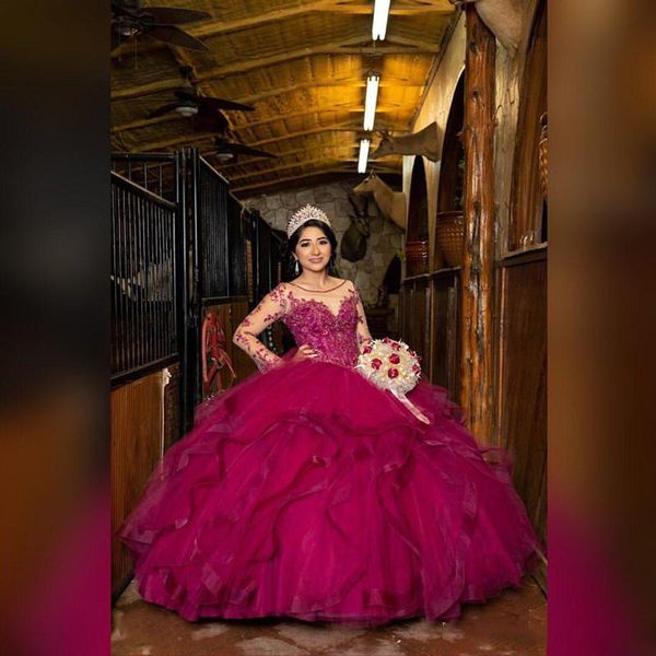 fuchsia lace beaded quinceanera prom dresses sheer neck long sleeves ruffles tiers tulle ball gown evening party sweet 16 dress, Blue;red
fuchsia lace beaded quinceanera prom dresses sheer neck long sleeves ruffles tiers tulle ball gown evening party sweet 16 dress, Blue;red