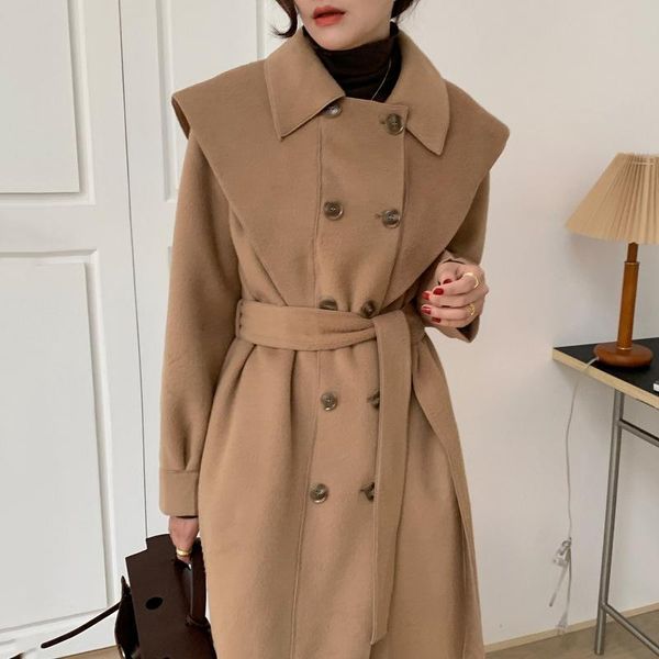 women's wool & blends coat korean winter elegant lapel shawl design double breasted lace up waist middle length faced woolen, Black
women's wool & blends coat korean winter elegant lapel shawl design double breasted lace up waist middle length faced woolen, Black