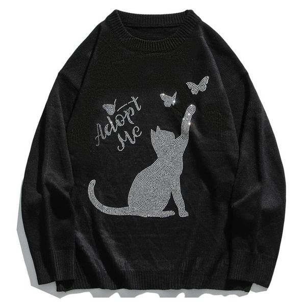 mens cat rhinestone sweaters streetwear 2020aw women hiphop casual vintage loose couple oversize pullover sweater, White;black
mens cat rhinestone sweaters streetwear 2020aw women hiphop casual vintage loose couple oversize pullover sweater, White;black