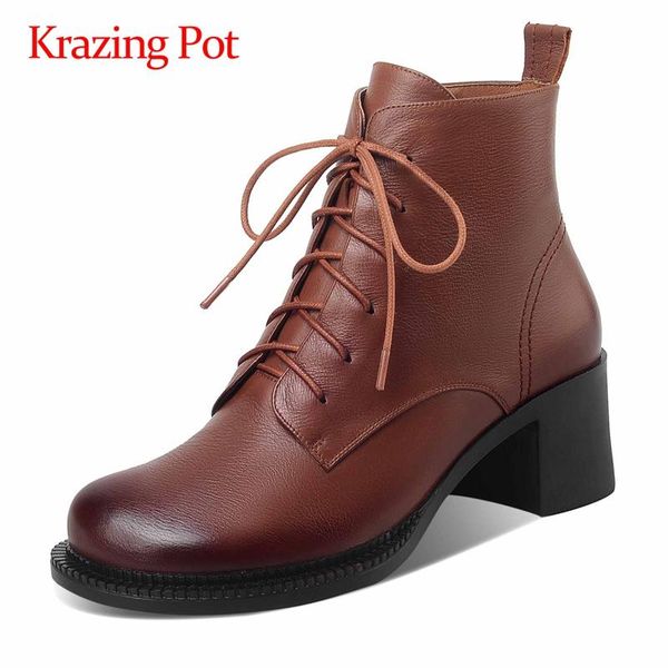 krazing pot large size winter new boots real leather dating dress round toe thick high heel zipper keep warm ankle boots l8f2, Black