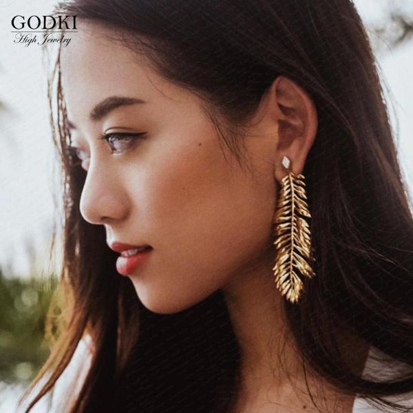 dangle & chandelier godki luxury long leaves earrings for women wedding party dubai bridal earring brincos female diy fashion jewelry gift, Silver