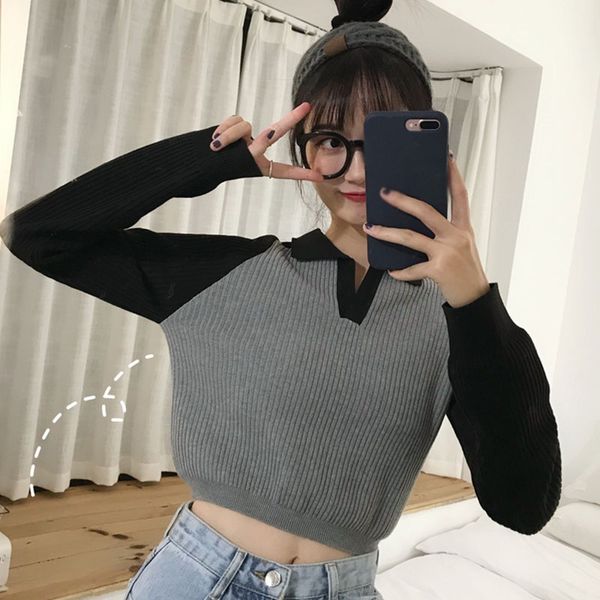 long sleeve women's early autumn new style v-neck short pullover lapel sweater, White;black
long sleeve women's early autumn new style v-neck short pullover lapel sweater, White;black