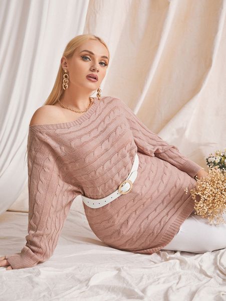 plus cable knit batwing sleeve sweater without belt h2be#, Black 
plus cable knit batwing sleeve sweater without belt h2be#, Black