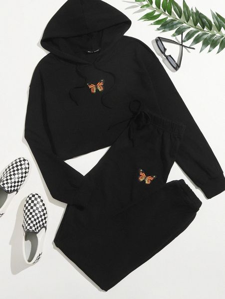 butterfly graphic hoodie & drawstring joggers set n1dn#, White