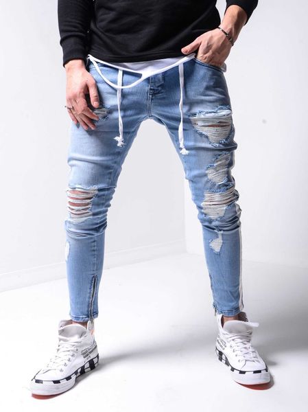 men's hip-hop tight hole jeans male slim fit zipper classic denim straight elasticity, Blue
men's hip-hop tight hole jeans male slim fit zipper classic denim straight elasticity, Blue