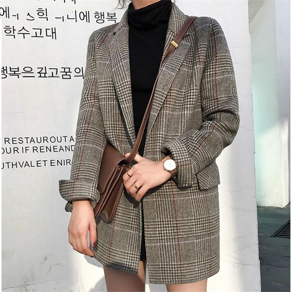 women's suits & blazers 2021 autumn korean vintage plaid woolen women long sleeve notched collar loose fashion ladies coats, White;black
women's suits & blazers 2021 autumn korean vintage plaid woolen women long sleeve notched collar loose fashion ladies coats, White;black