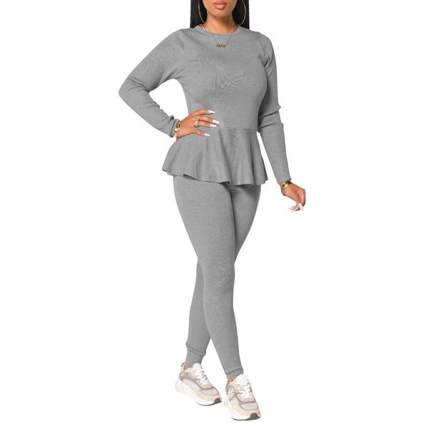 women casual sports 2-pcs outfit set long sleeve round neck solid color ruffle hem high waist slim long pants set for ladies, Gray
women casual sports 2-pcs outfit set long sleeve round neck solid color ruffle hem high waist slim long pants set for ladies, Gray