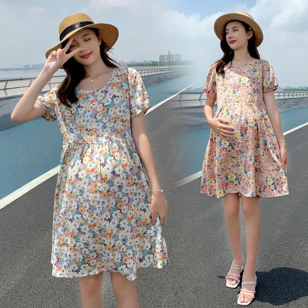 6669# maternity clothes summer chiffon floral dress short sleeve loose stylish dress for pregnant women mom1, White
6669# maternity clothes summer chiffon floral dress short sleeve loose stylish dress for pregnant women mom1, White