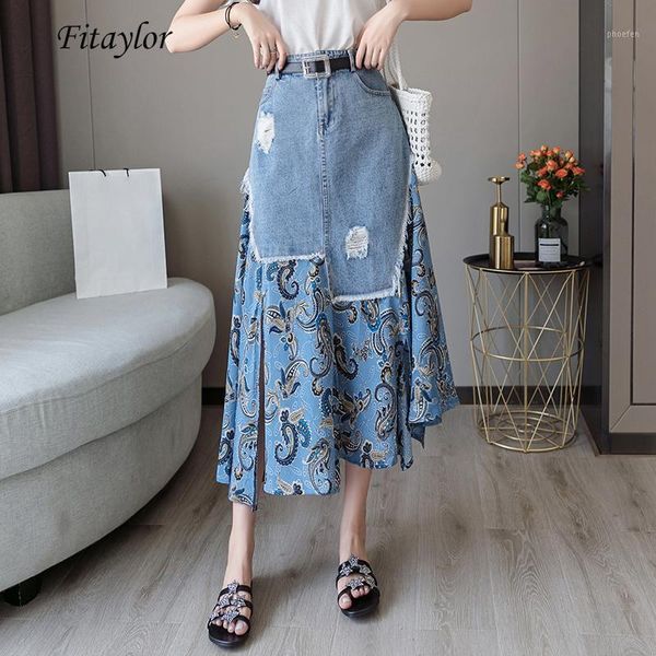 fitaylor summer denim patchwork chiffon floral skirt women vintage high waist beach a-line skirt female mid-calf with belt1, Black
fitaylor summer denim patchwork chiffon floral skirt women vintage high waist beach a-line skirt female mid-calf with belt1, Black