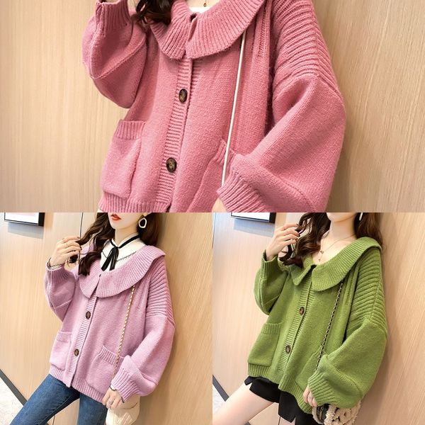 592hh autumn 2020 new korean baby collar sweaterwomen's long outer wear sweatercoat loose knitted sweatersleeve sweater cardigan coat, White;black
592hh autumn 2020 new korean baby collar sweaterwomen's long outer wear sweatercoat loose knitted sweatersleeve sweater cardigan coat, White;black