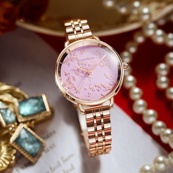 the new embossed cherry blossom steel belt japanese movement waterproof quartz retro watch, Silver
the new embossed cherry blossom steel belt japanese movement waterproof quartz retro watch, Silver
