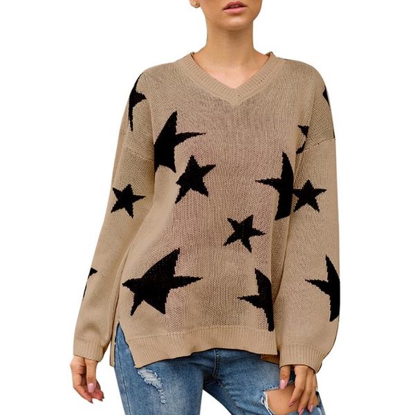 women lantern long sleeve split sweater v-neck star knitted loose tunic top, White;black
women lantern long sleeve split sweater v-neck star knitted loose tunic top, White;black