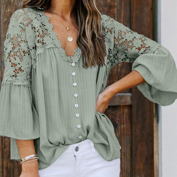 women 3/4 flare sleeve solid color shirt button v-neck hollow out floral lace patchwork pullover asymmetric, White
women 3/4 flare sleeve solid color shirt button v-neck hollow out floral lace patchwork pullover asymmetric, White