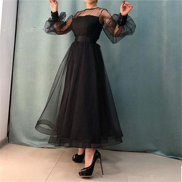 setwell jewel sheer neck a-line evening dresses long sleeves pleated tulle tea length simple black prom party gowns, Black;red
setwell jewel sheer neck a-line evening dresses long sleeves pleated tulle tea length simple black prom party gowns, Black;red